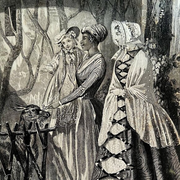 Oh Dear Oh Deer Steel Engraving 1859 Victorian Brautiful Women Art DWY5E